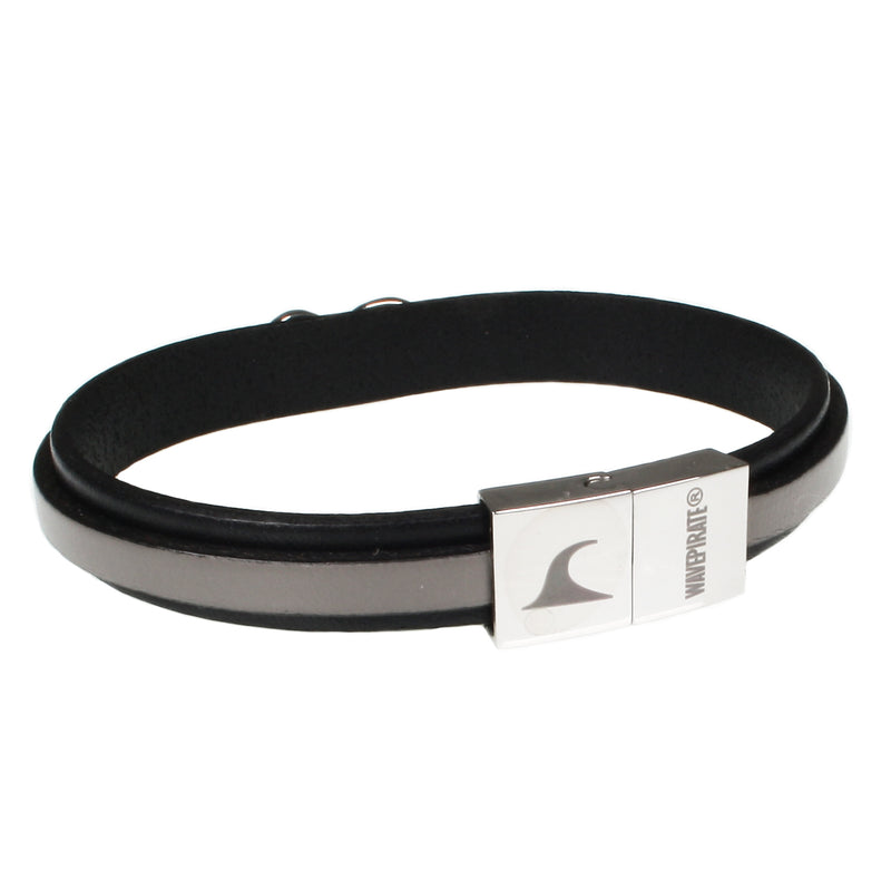 lederarmband-herren-schwarz-grau-infinity-Edelstahlverschluss-hinten-wavepirate-shop