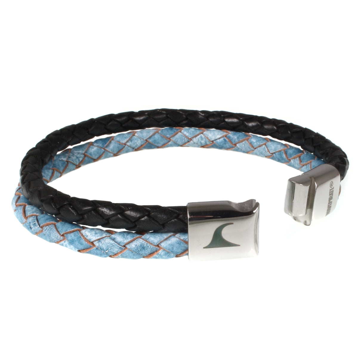 lederarmband-herren-schwarz-hellblau-swell-geflochten-Edelstahlverschluss-offen-wavepirate-shop-sw