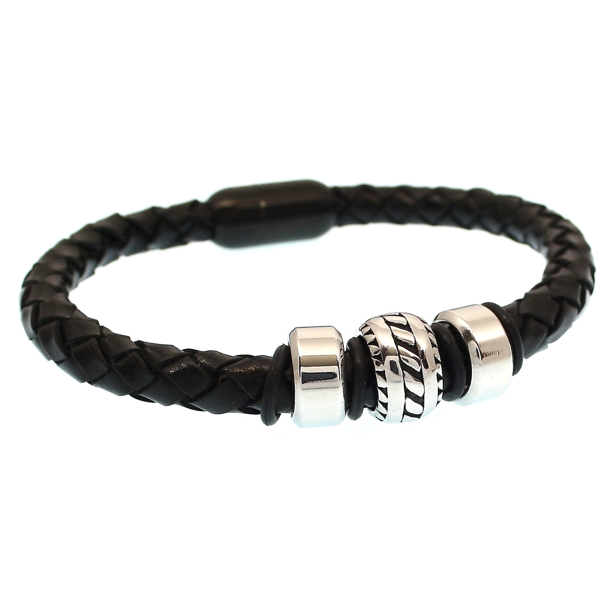 lederarmband-herren-schwarz-steel-geflochten-Edelstahlverschluss-vorn-wavepirate-shop-f