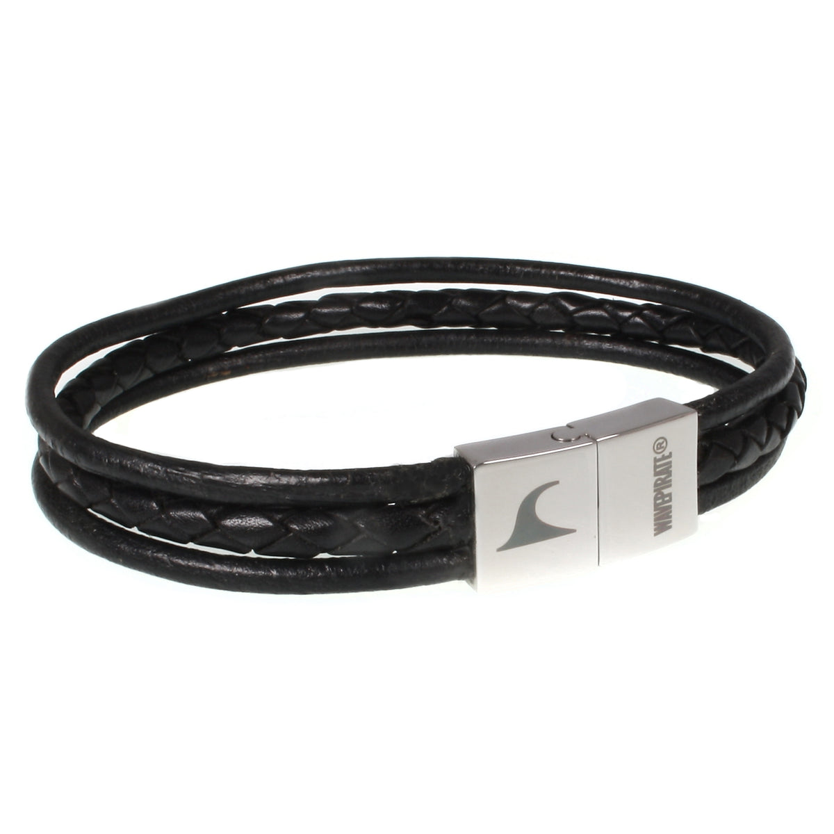 lederarmband-herren-schwarz-trio-geflochten-Edelstahlverschluss-vorn-wavepirate-shop-f