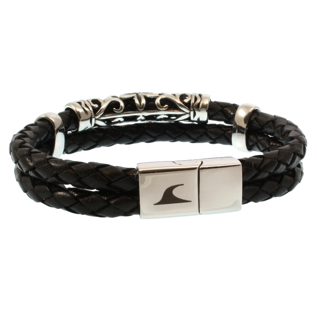 lederarmband-herren-schwarz-xo-geflochten-Edelstahlverschluss-hinten-wavepirate-shop-f