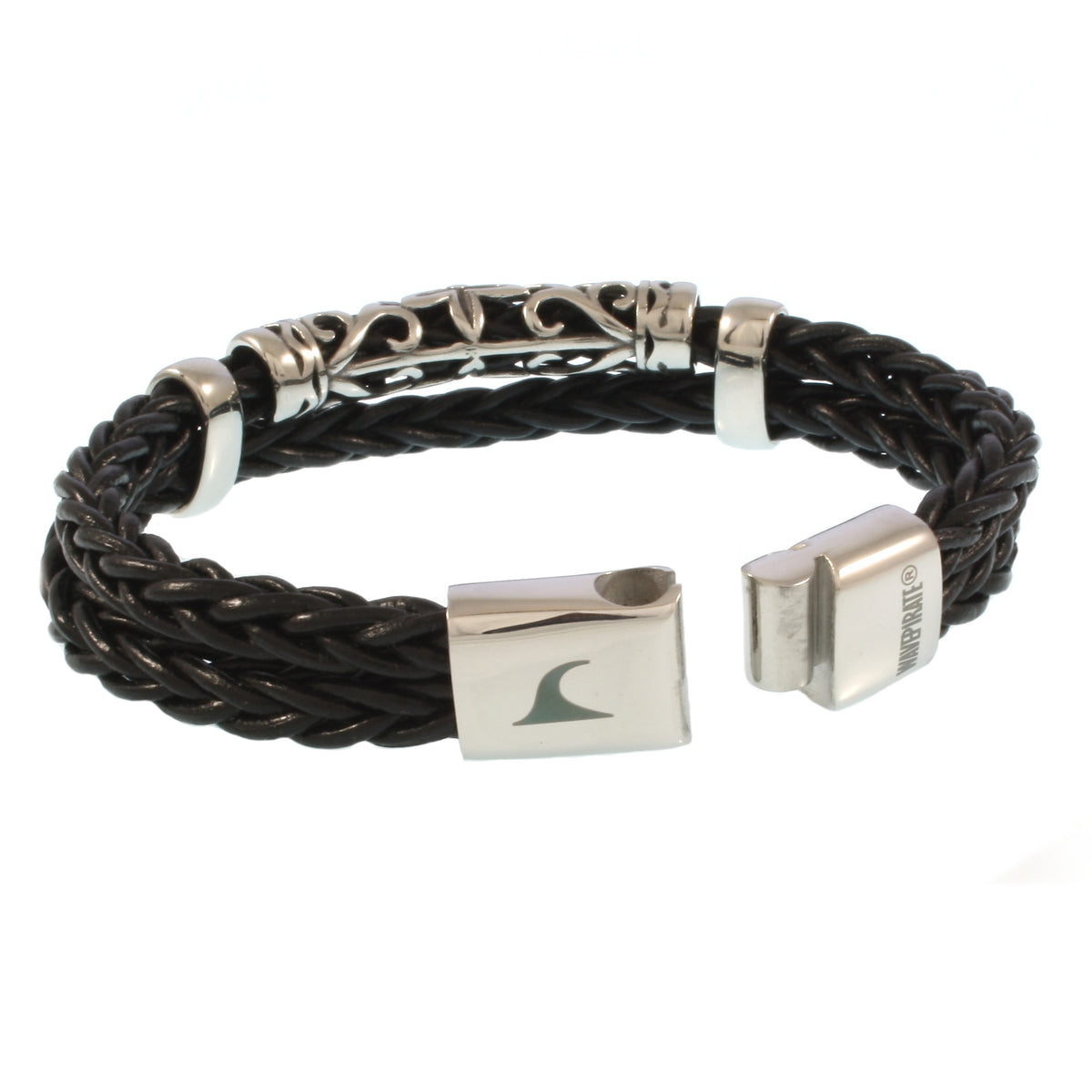lederarmband-herren-schwarz-xo-geflochten-Edelstahlverschluss-offen-wavepirate-shop-z8
