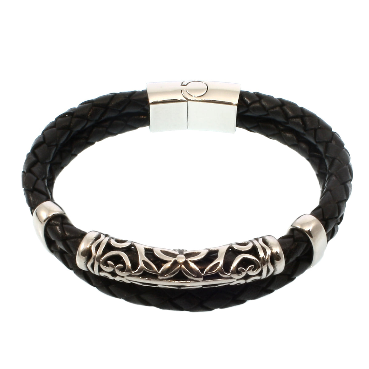 lederarmband-herren-schwarz-xo-geflochten-Edelstahlverschluss-vorn-wavepirate-shop-f-1