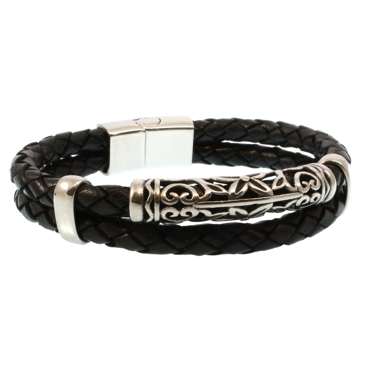 lederarmband-herren-schwarz-xo-geflochten-Edelstahlverschluss-vorn-wavepirate-shop-f