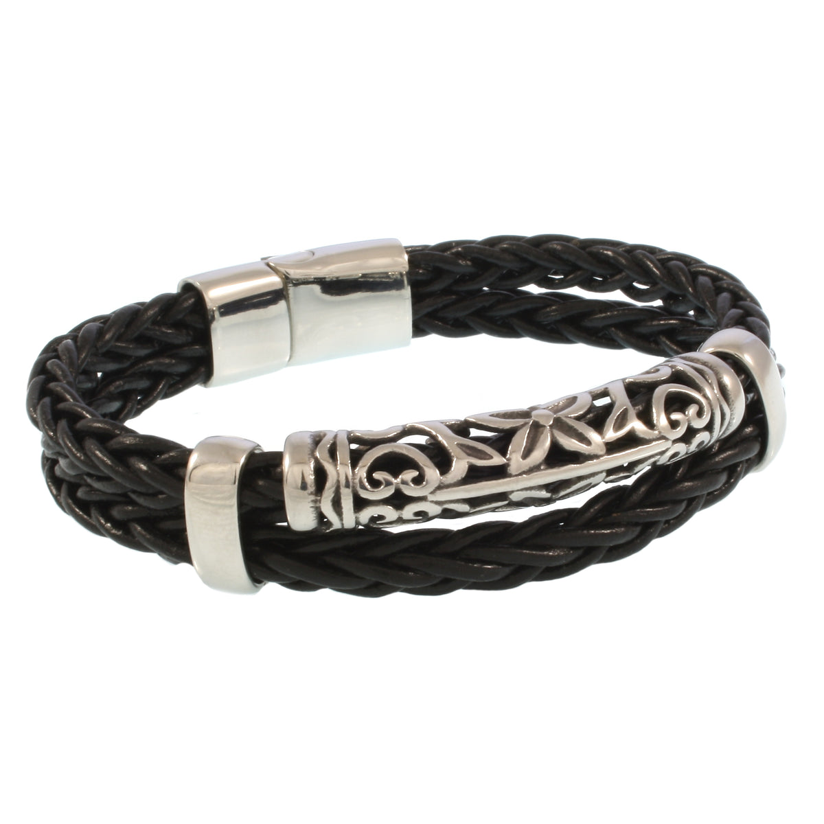 lederarmband-herren-schwarz-xo-geflochten-Edelstahlverschluss-vorn-wavepirate-shop-z8