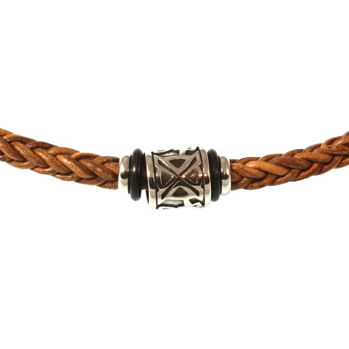 lederhalskette-Herren-damen-cognac-shine-silber-riemen-geflochten-Edelstahlverschluss-detail-wavepirate-shop-z