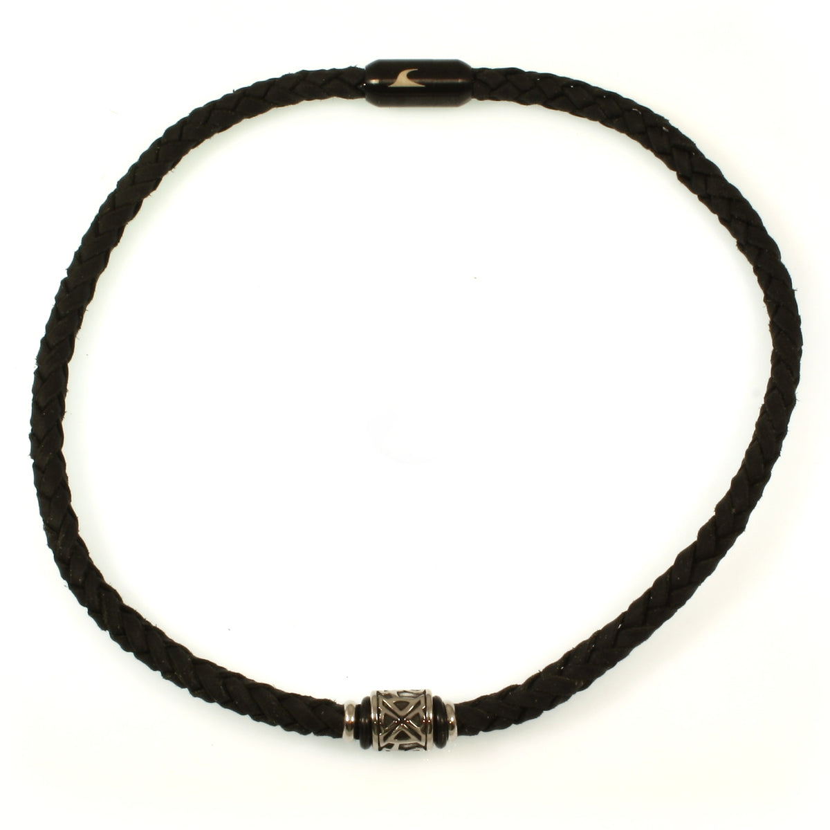 lederhalskette-Herren-damen-schwarz-shine-silber-geflochten-Edelstahlverschluss-vorn-wavepirate-shop-v
