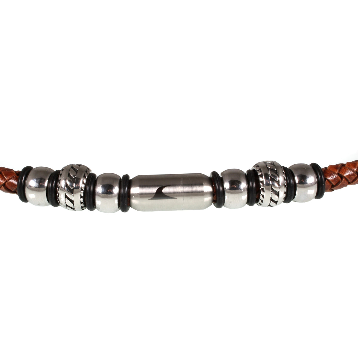 lederhalskette-herren-cognac-silber-steel-geflochten-Edelstahlverschluss-detail-wavepirate-shop-f1