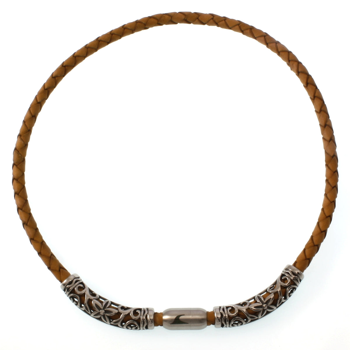 lederhalskette-herren-damen-cognac-silber-xo2-geflochten-Edelstahlverschluss-vorn-wavepirate-shop-f