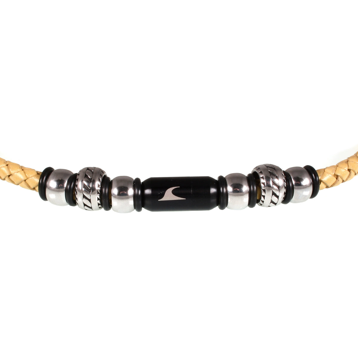 lederhalskette-herren-gelb-schwarz-steel-geflochten-Edelstahlverschluss-detail-wavepirate-shop-f