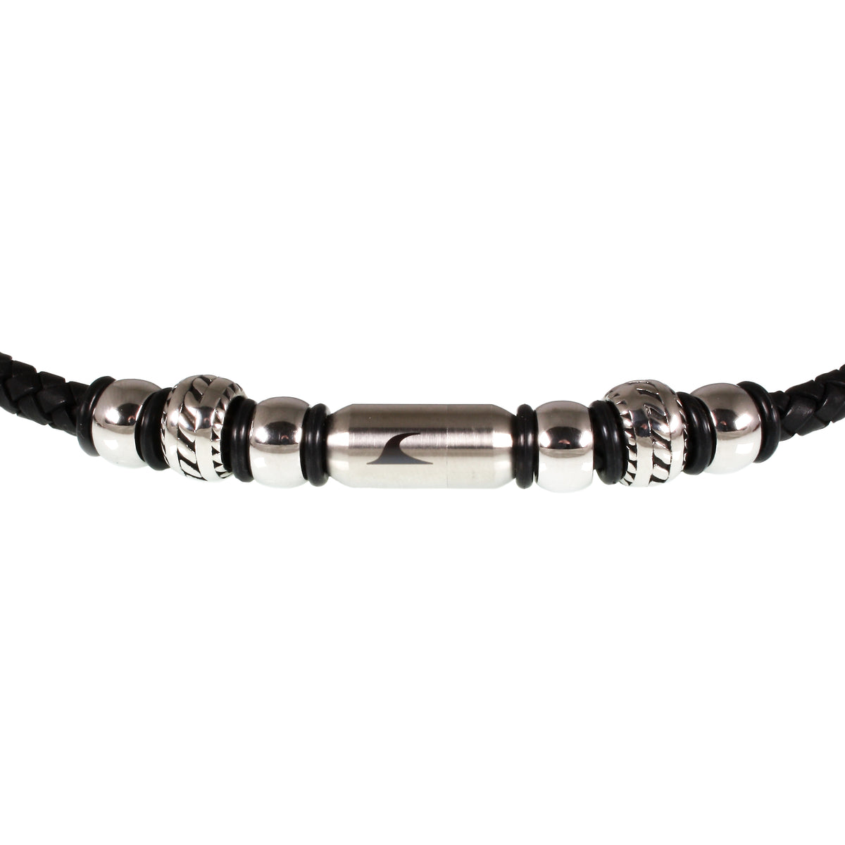 lederhalskette-herren-schwarz-silber-steel-geflochten-Edelstahlverschluss-detail-wavepirate-shop-f1