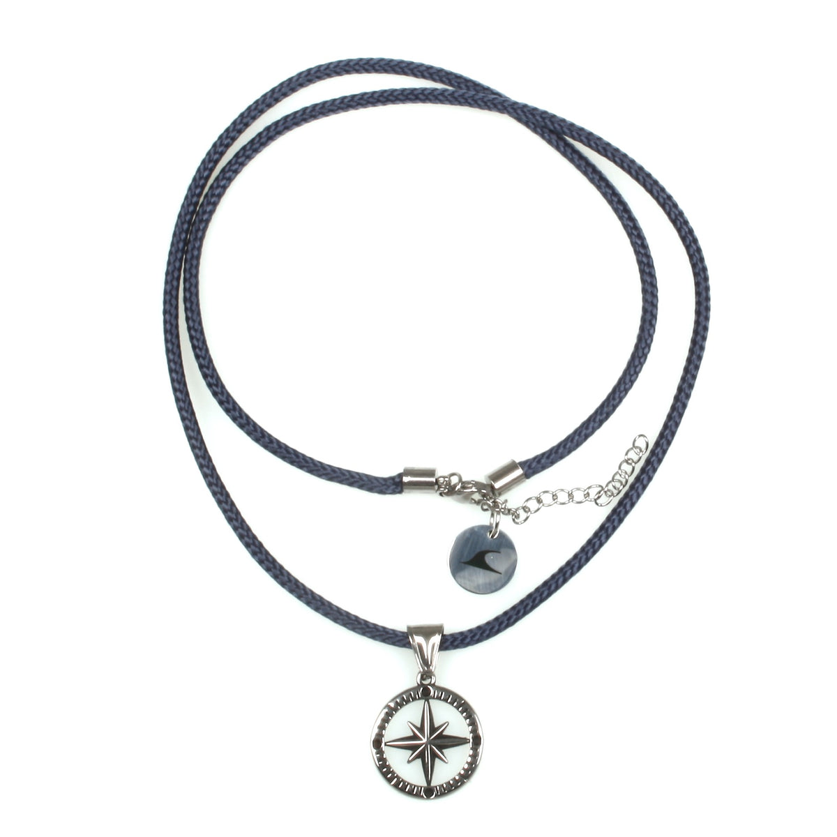 segeltau-halskette-Herren-damen-kompass-windrose-blau-geflochten-wasserfest-Edelstahlverschluss-vorn-wavepirate-shop-st