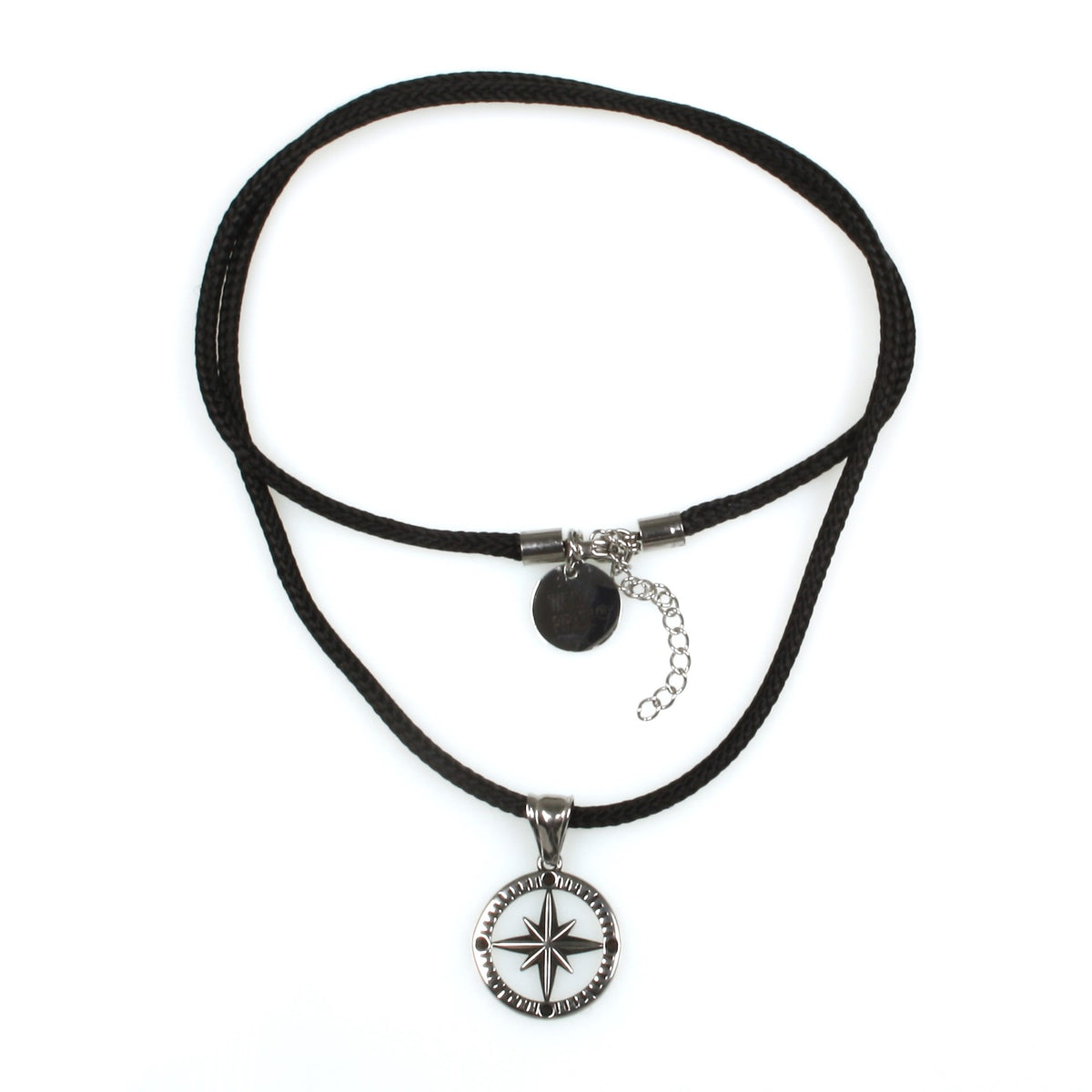 segeltau-halskette-Herren-damen-kompass-windrose-schwarz-geflochten-wasserfest-Edelstahlverschluss-vorn-wavepirate-shop-st