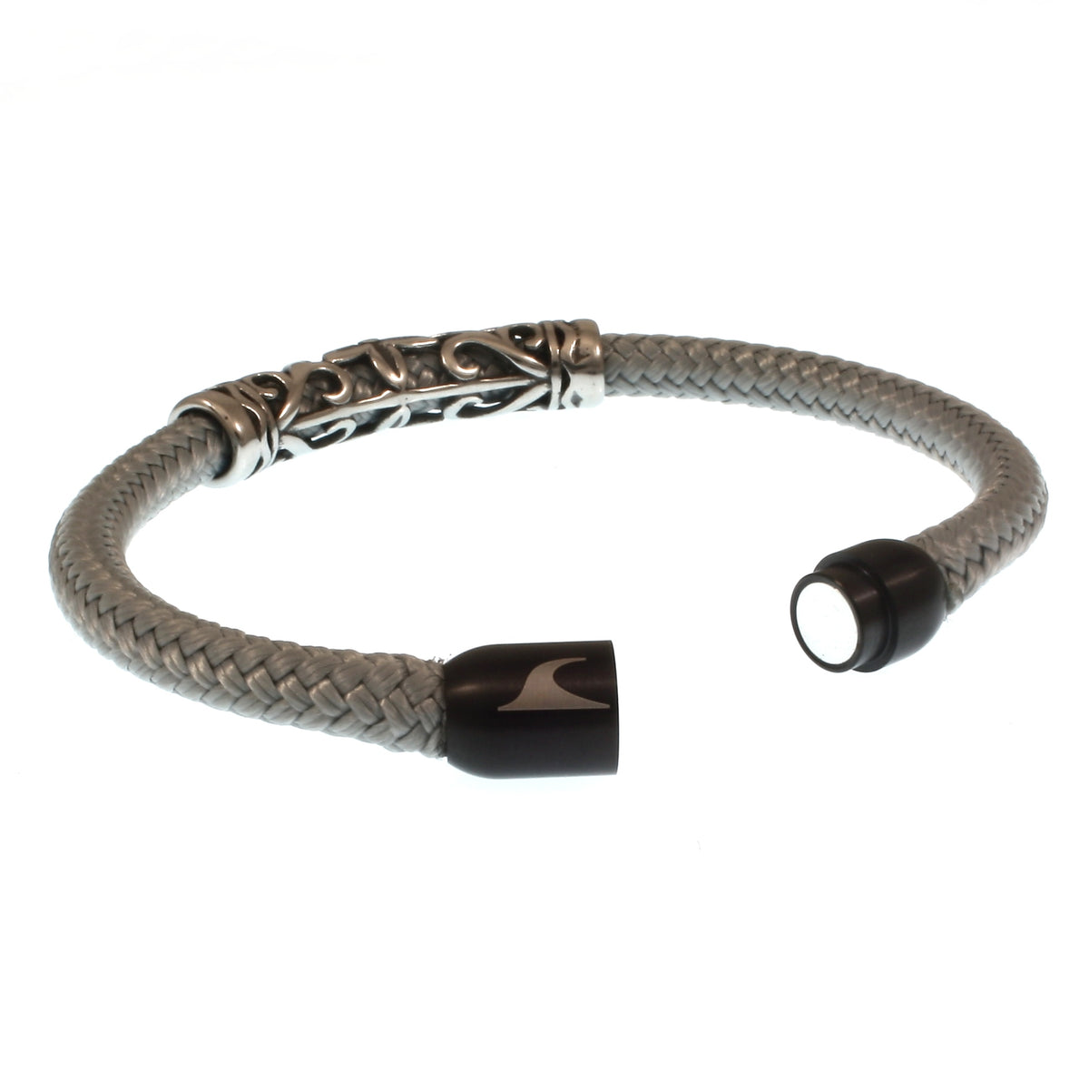 segeltauarmband-herren-grau-schwarz-sylt-xo-geflochten-Edelstahlverschluss-offen-wavepirate-shop-st