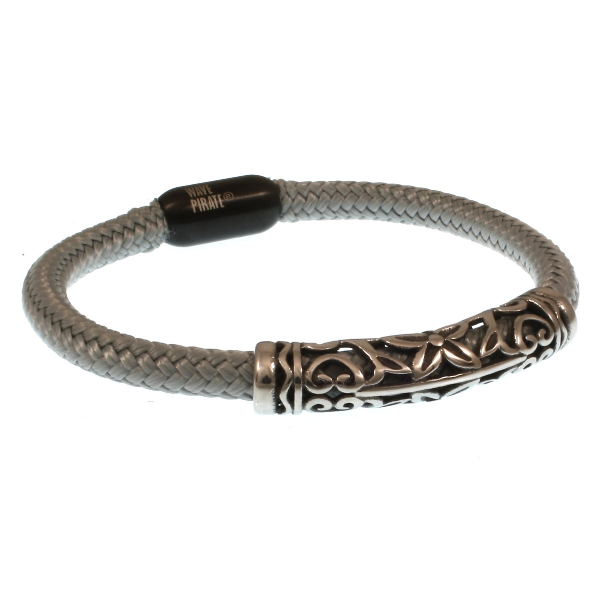 segeltauarmband-herren-grau-schwarz-sylt-xo-geflochten-Edelstahlverschluss-vorn-wavepirate-shop-st