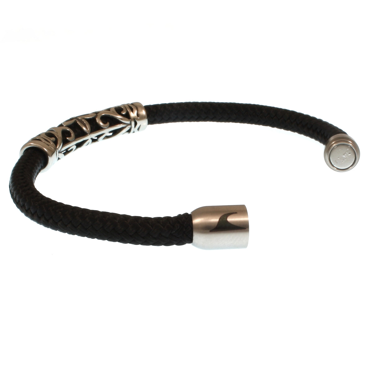 segeltauarmband-herren-schwarz-silber-sylt-xo-geflochten-Edelstahlverschluss-offen-wavepirate-shop-st