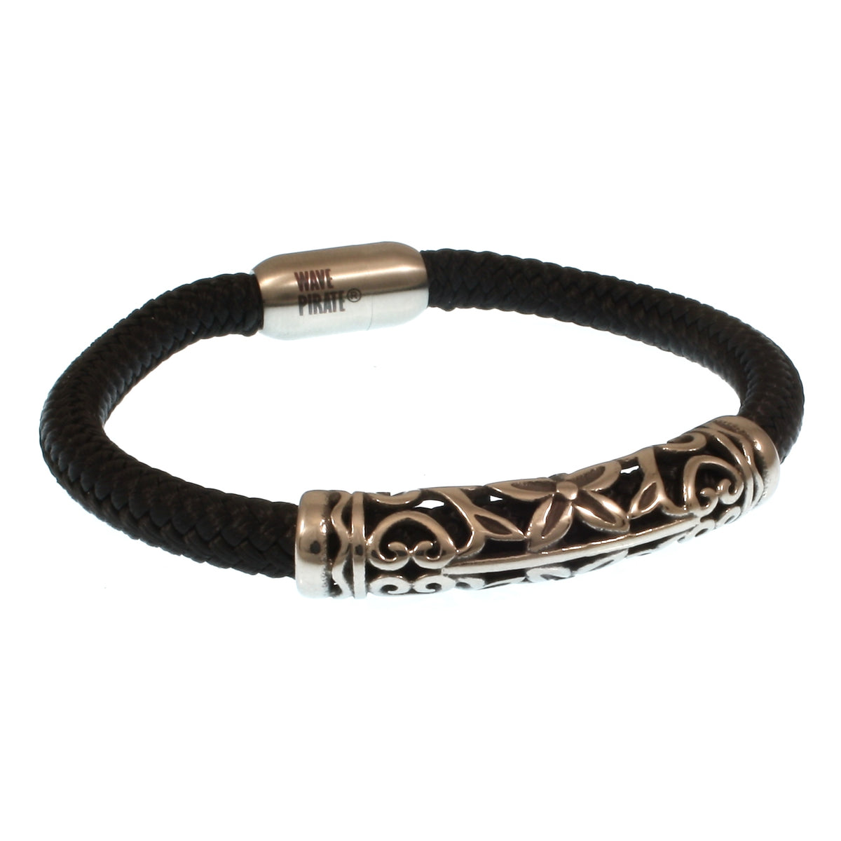segeltauarmband-herren-schwarz-silber-sylt-xo-geflochten-Edelstahlverschluss-vorn-wavepirate-shop-st