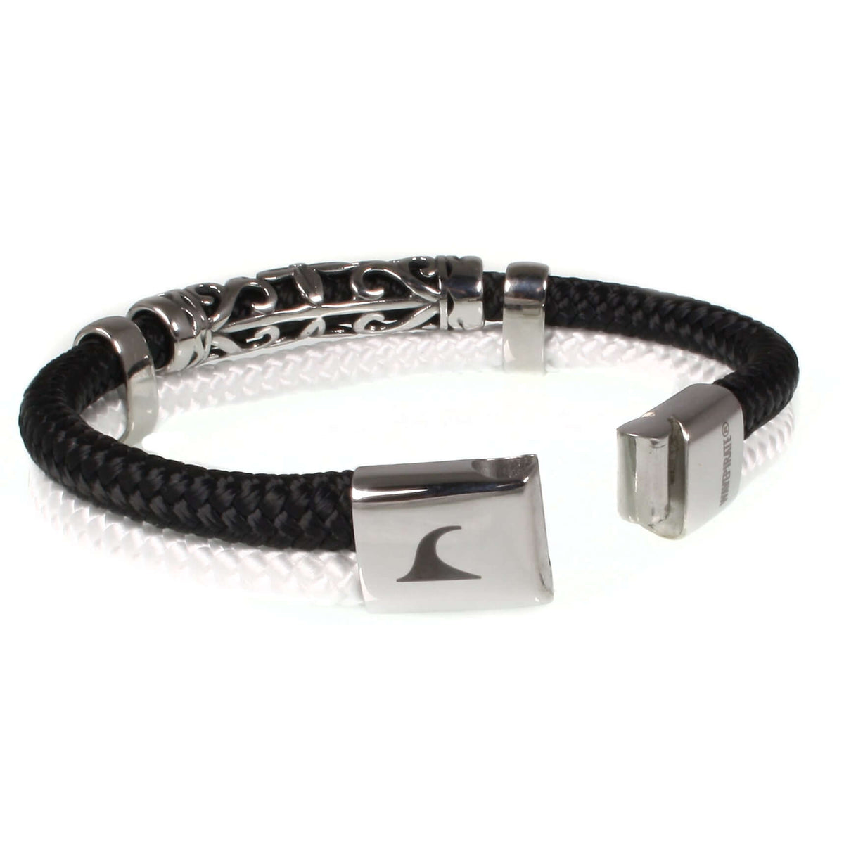 segeltauarmband-herren-schwarz-weiss-xo-geflochten-Edelstahlverschluss-offen-wavepirate-shop-st