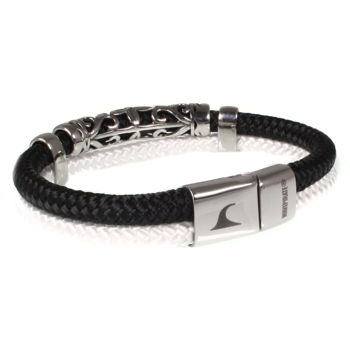 segeltauarmband-herren-schwarz-weiss-xo-geflochten-Edelstahlverschluss-vorn-wavepirate-shop-st
