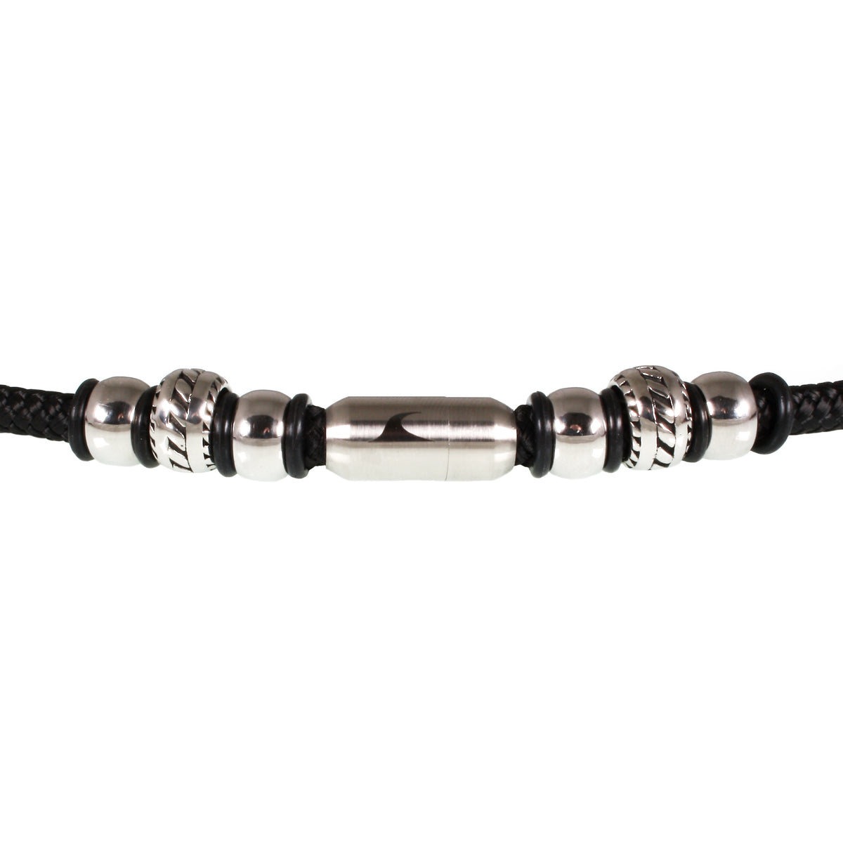 segeltauhalskette-herren-schwarz-silber-steel-geflochten-Edelstahlverschluss-detail-wavepirate-shop-st